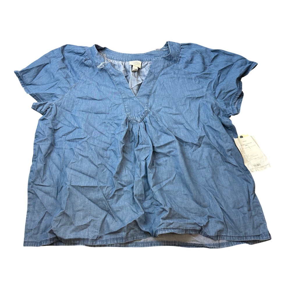 NWT St John's Bay Womens XXL Blue Chambray V Neck Short Sleeve Blouse